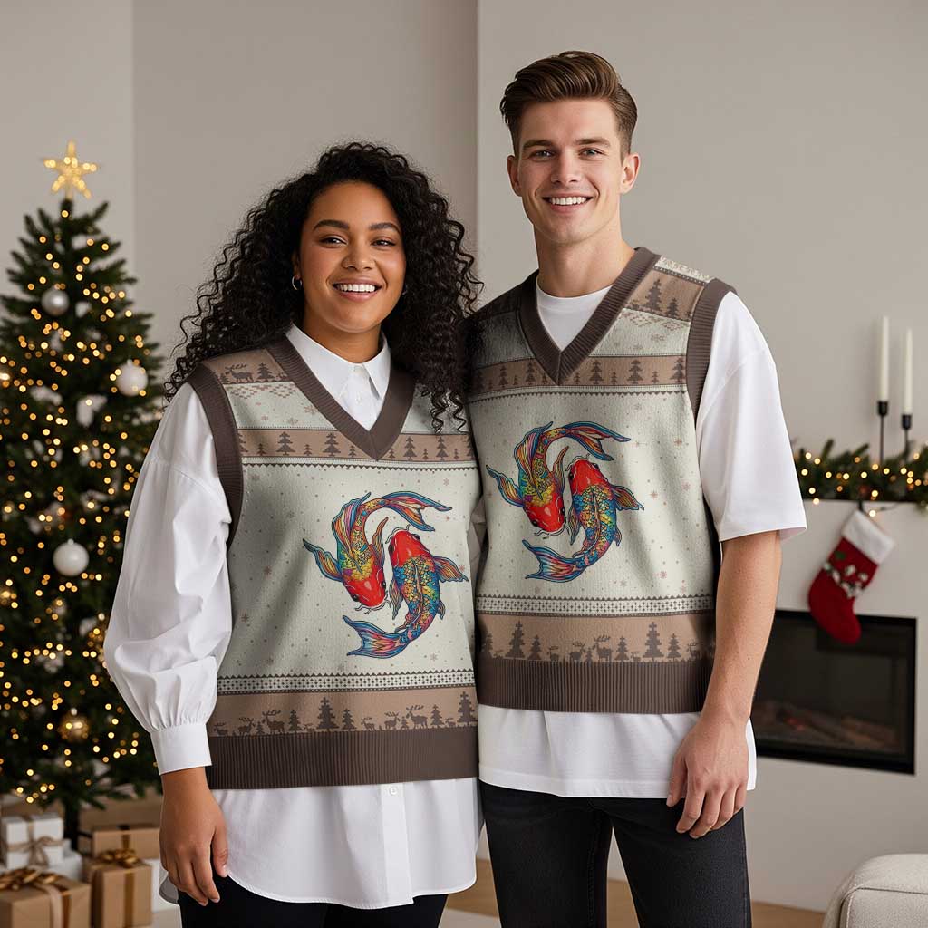 Rainbow Koi Fish LGBTQ Pride V-Neck Knit Sweater Vest Colorful Japanese Carp TS12 Mocha Mousse Print Your Wear