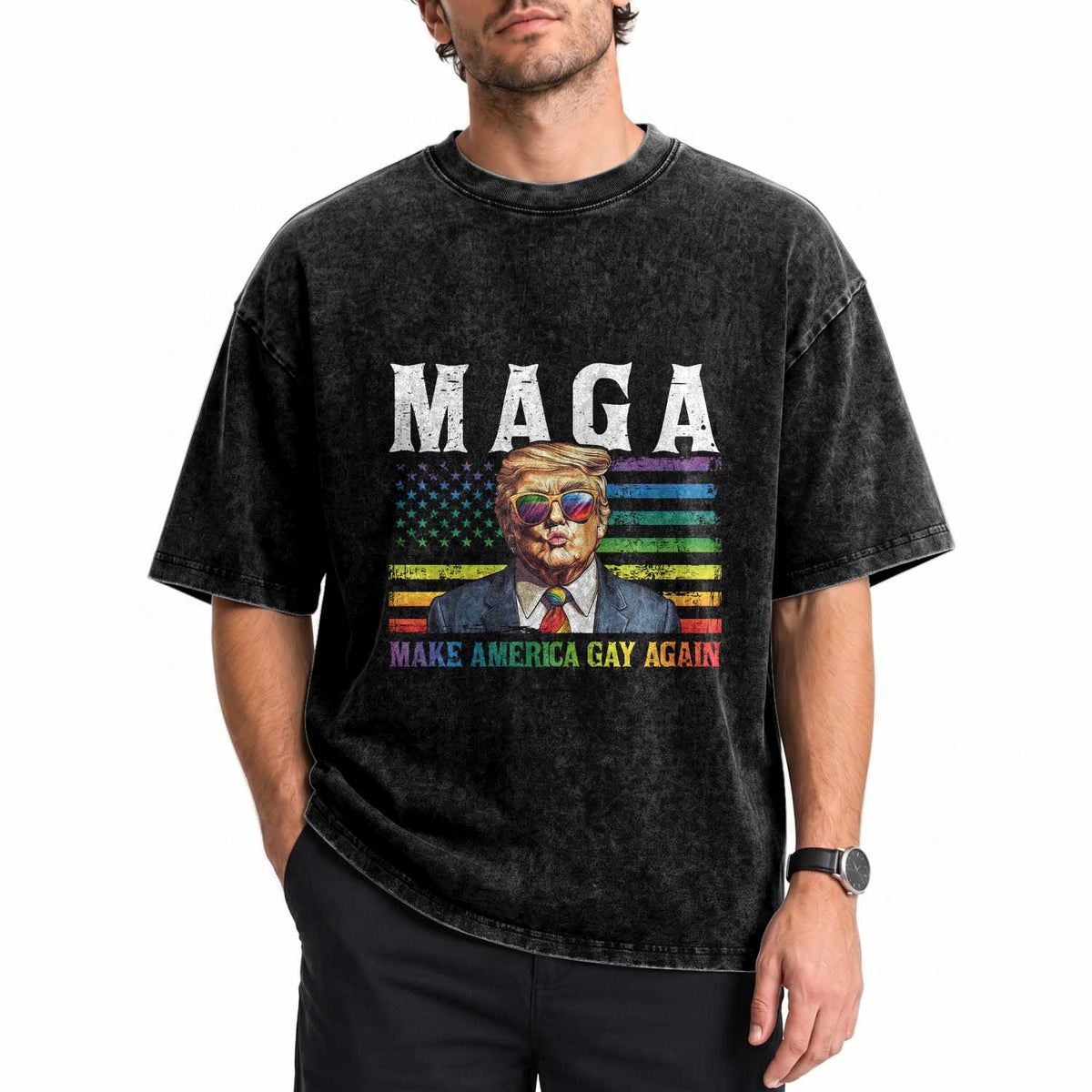 Make America Gay Again Washed Cotton T-Shirt LGBTQ Political Satire