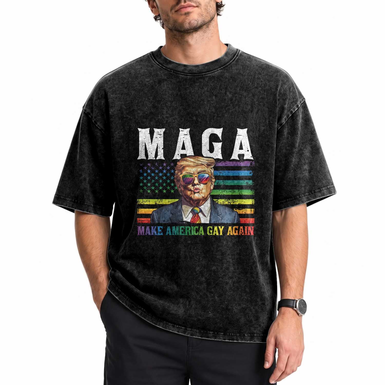 Make America Gay Again Washed Cotton T-Shirt LGBTQ Political Satire
