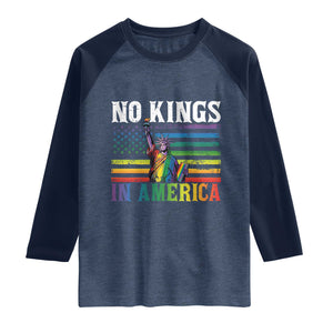 No Kings In America LGBT Pride Raglan Shirt Anti Authoritarian Political TS12 Heather Denim Navy Print Your Wear