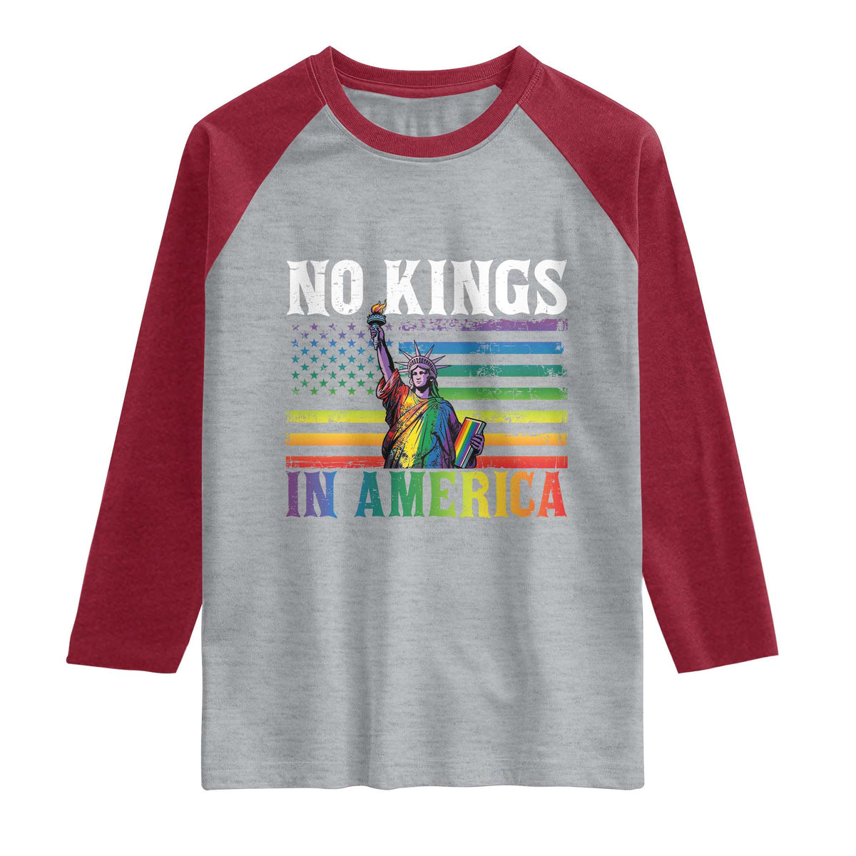 No Kings In America LGBT Pride Raglan Shirt Anti Authoritarian Political TS12 Heather Gray Heather Red Print Your Wear