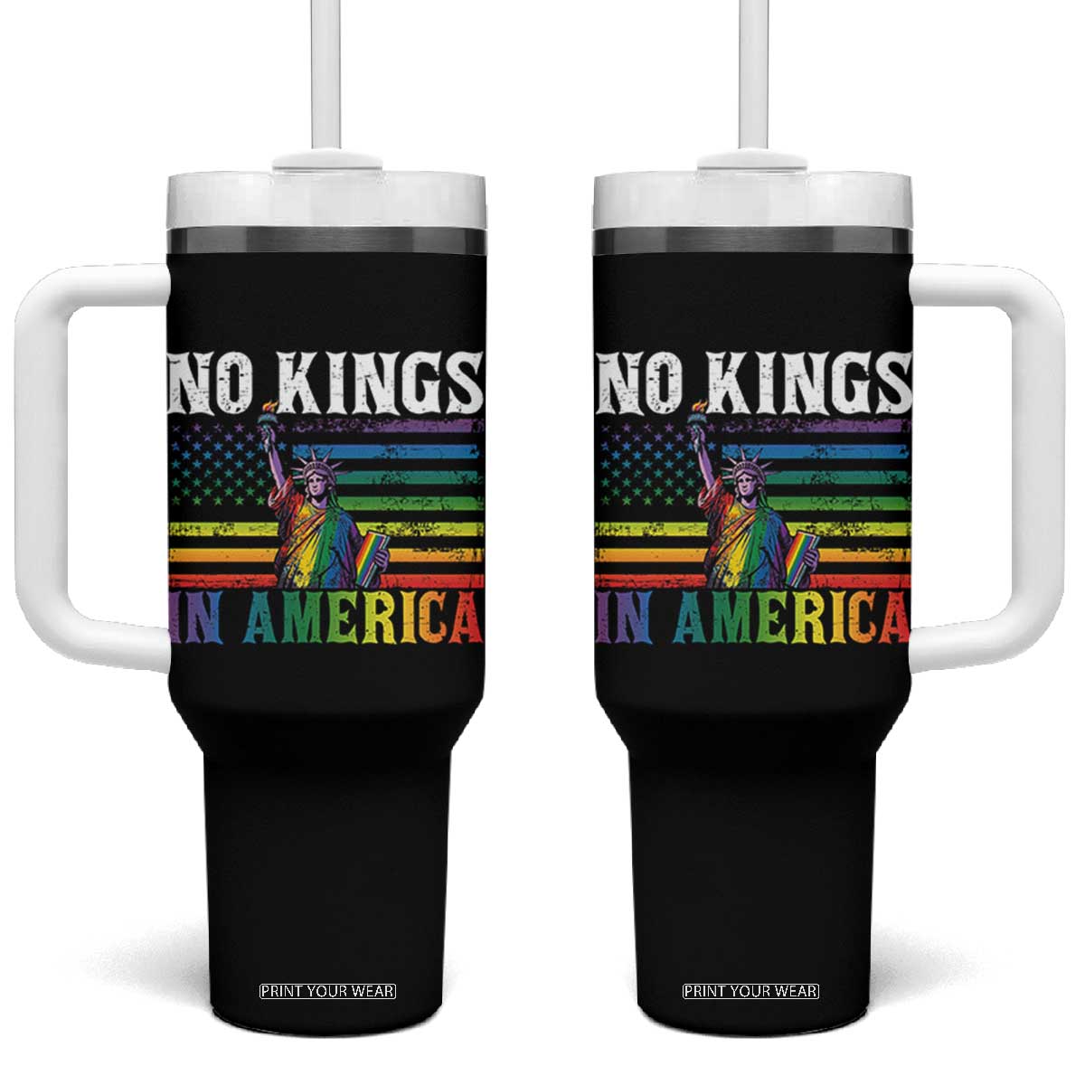 No Kings In America LGBT Pride Tumbler With Handle Anti Authoritarian Political TS12 One Size: 40 oz Black Print Your Wear