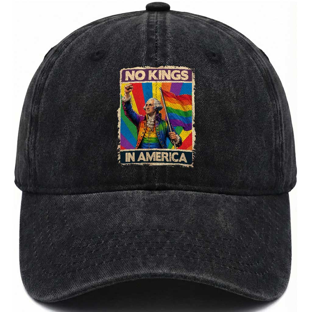 Funny Patriotic LGBT Graphic Washed Cotton Baseball Cap No Kings In America TS12 Print Your Wear