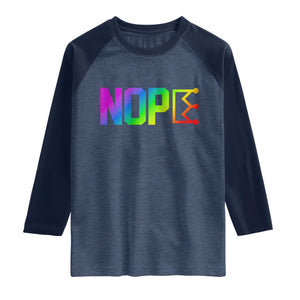 Nope No Kings Graphic Raglan Shirt Humorous Political Gift TS12 Heather Denim Navy Print Your Wear