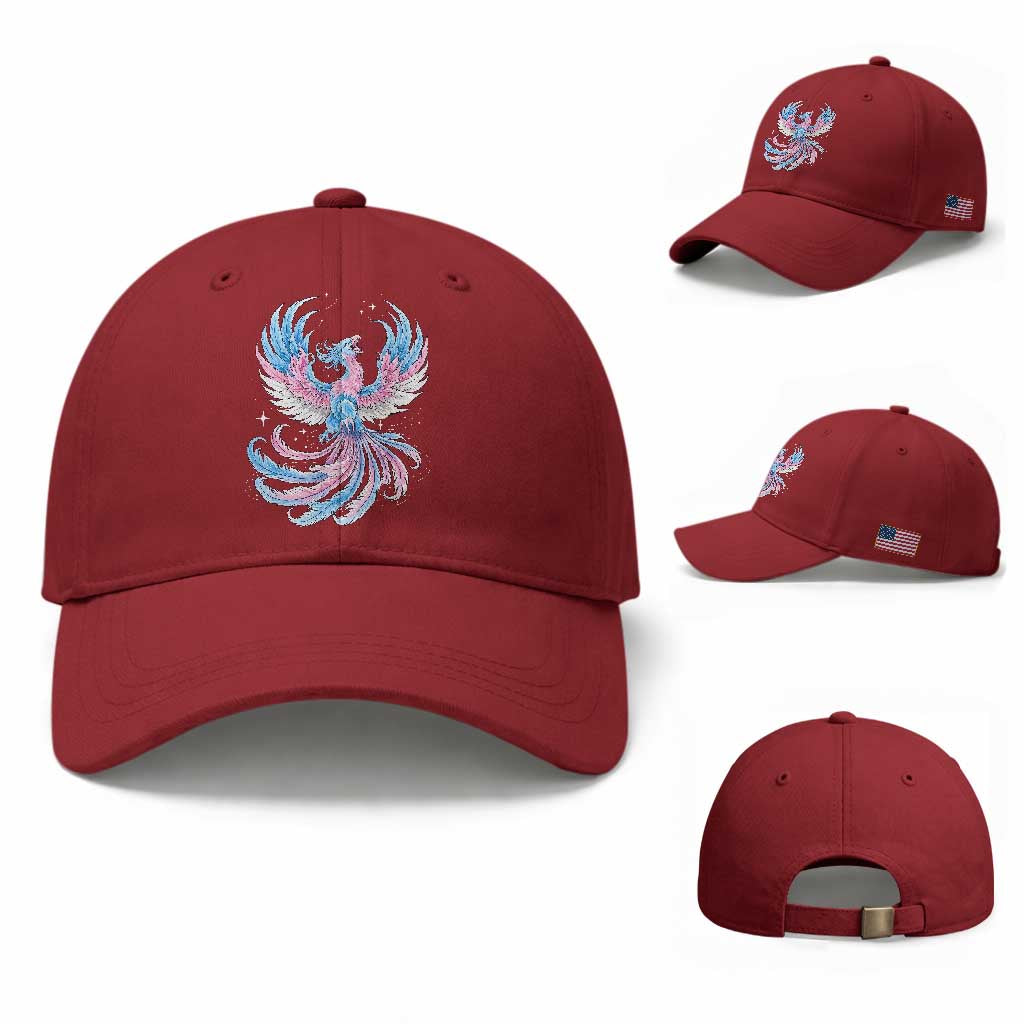 Transgender Phoenix Reborn Baseball Cap Trans Pride Flag Bird TS12 Baseball Cap Universal Fit Cherry Red Print Your Wear