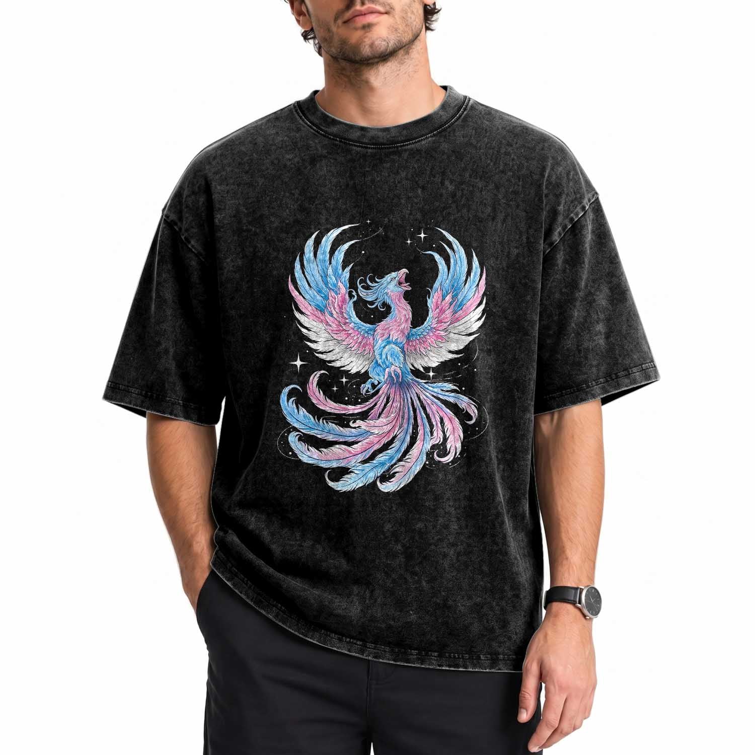Transgender Phoenix Reborn Washed Cotton T-Shirt Trans Pride Flag Bird