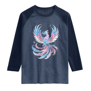 Transgender Phoenix Reborn Raglan Shirt Trans Pride Flag Bird TS12 Heather Denim Navy Print Your Wear
