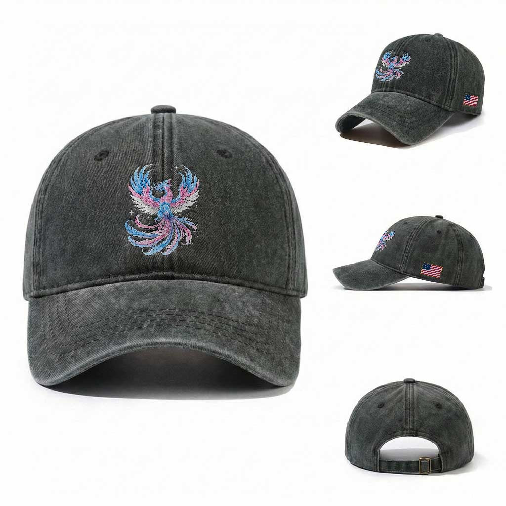 Transgender Phoenix Reborn Washed Cotton Baseball Cap Trans Pride Flag Bird TS12 Washed Cap Universal Fit Dark Green Print Your Wear