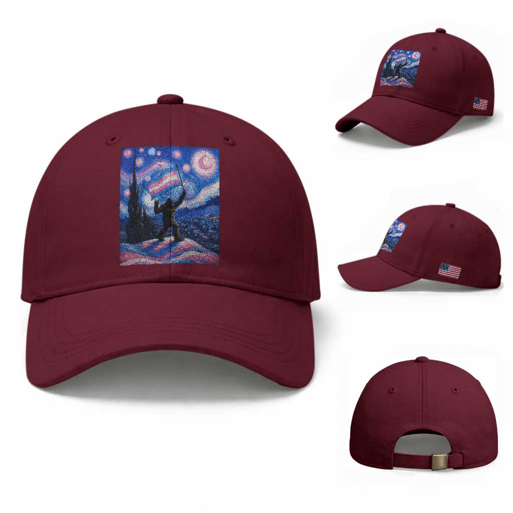 Bigfoot Starry Night Trans Rights Baseball Cap Sasquatch LGBTQ Pride TS12 Baseball Cap Universal Fit Maroon Print Your Wear