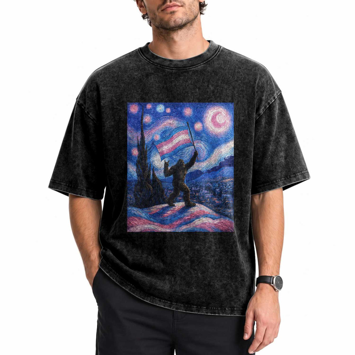 Bigfoot Starry Night Trans Rights Washed Cotton T-Shirt Sasquatch LGBTQ Pride