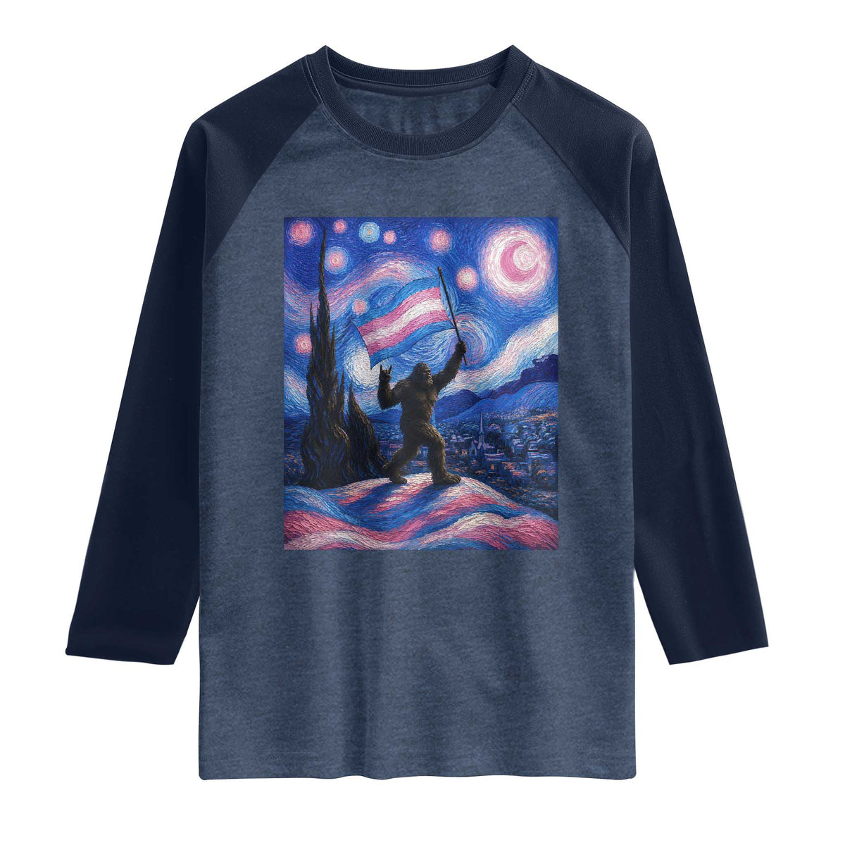 Bigfoot Starry Night Trans Rights Raglan Shirt Sasquatch LGBTQ Pride TS12 Heather Denim Navy Print Your Wear
