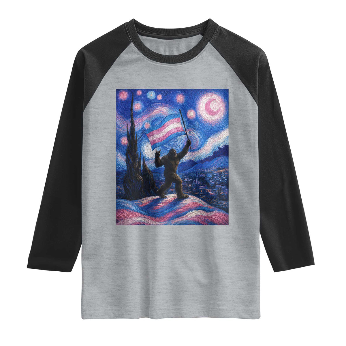 Bigfoot Starry Night Trans Rights Raglan Shirt Sasquatch LGBTQ Pride TS12 Heather Gray Black Print Your Wear