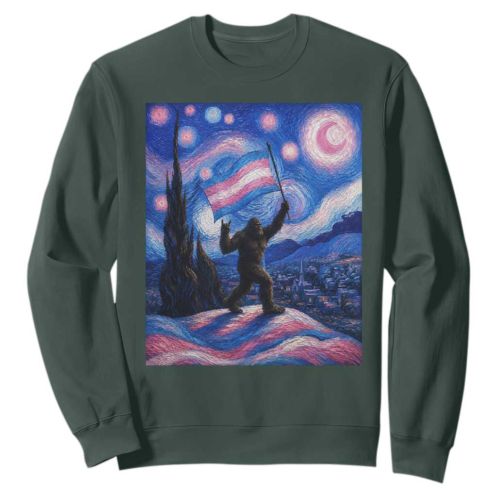 Bigfoot Starry Night Trans Rights Sweatshirt Sasquatch LGBTQ Pride TS12 Dark Forest Green Print Your Wear