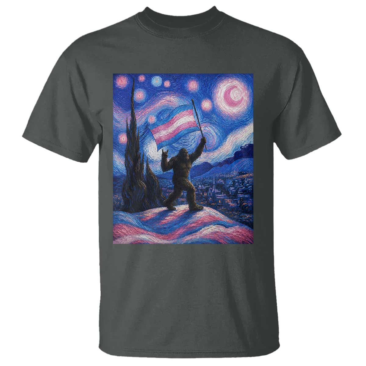 Bigfoot Starry Night Trans Rights T Shirt Sasquatch LGBTQ Pride TS12 Dark Heather Print Your Wear