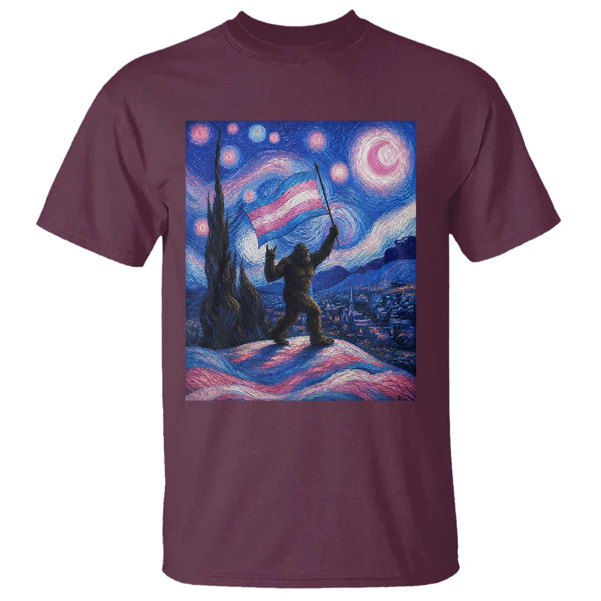 Bigfoot Starry Night Trans Rights T Shirt Sasquatch LGBTQ Pride TS12 Maroon Print Your Wear