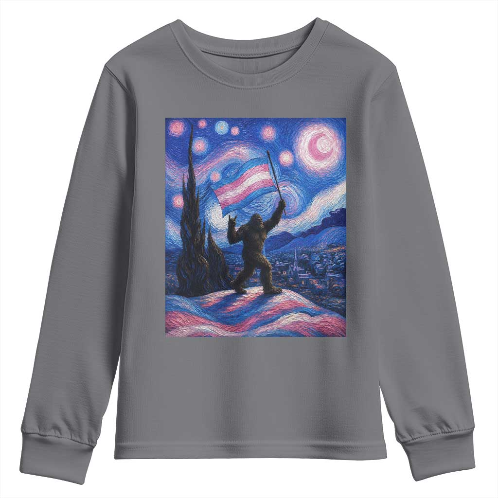 Bigfoot Starry Night Trans Rights Youth Sweatshirt Sasquatch LGBTQ Pride TS12 Charcoal Print Your Wear