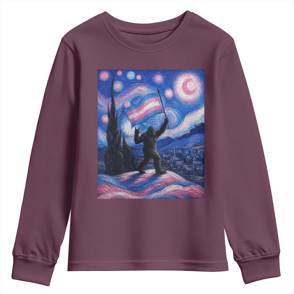 Bigfoot Starry Night Trans Rights Youth Sweatshirt Sasquatch LGBTQ Pride TS12 Maroon Print Your Wear