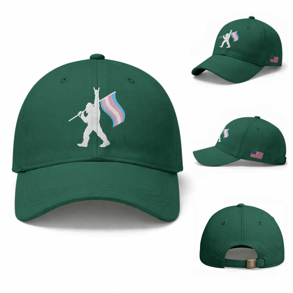 Bigfoot Rock On Trans Pride Flag Baseball Cap Sasquatch LGBTQ Ally TS12 Baseball Cap Universal Fit Irish Green Print Your Wear