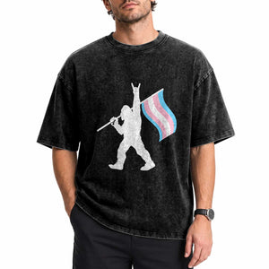 Bigfoot Rock On Trans Pride Flag Washed Cotton T-Shirt Sasquatch LGBTQ Ally