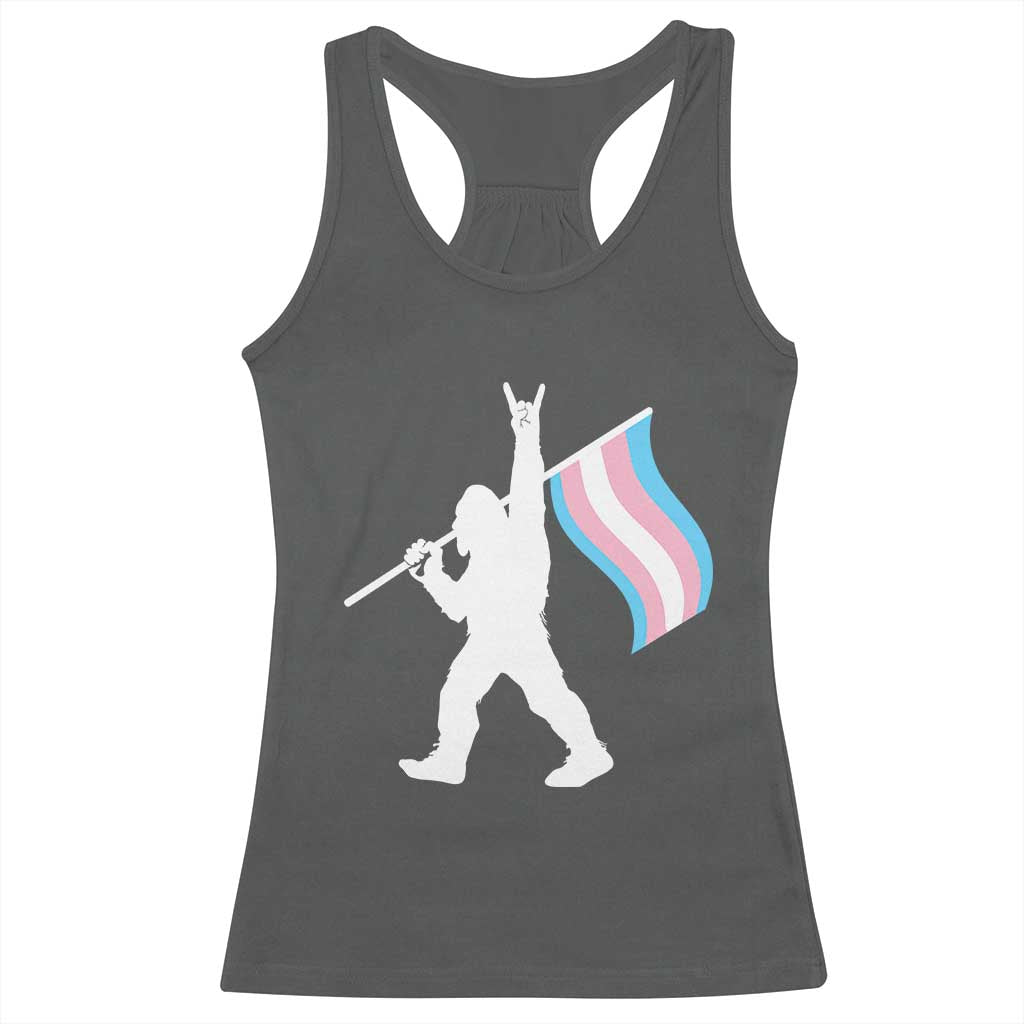 Bigfoot Rock On Trans Pride Flag Racerback Tank Top Sasquatch LGBTQ Ally TS12 Dark Heather Print Your Wear