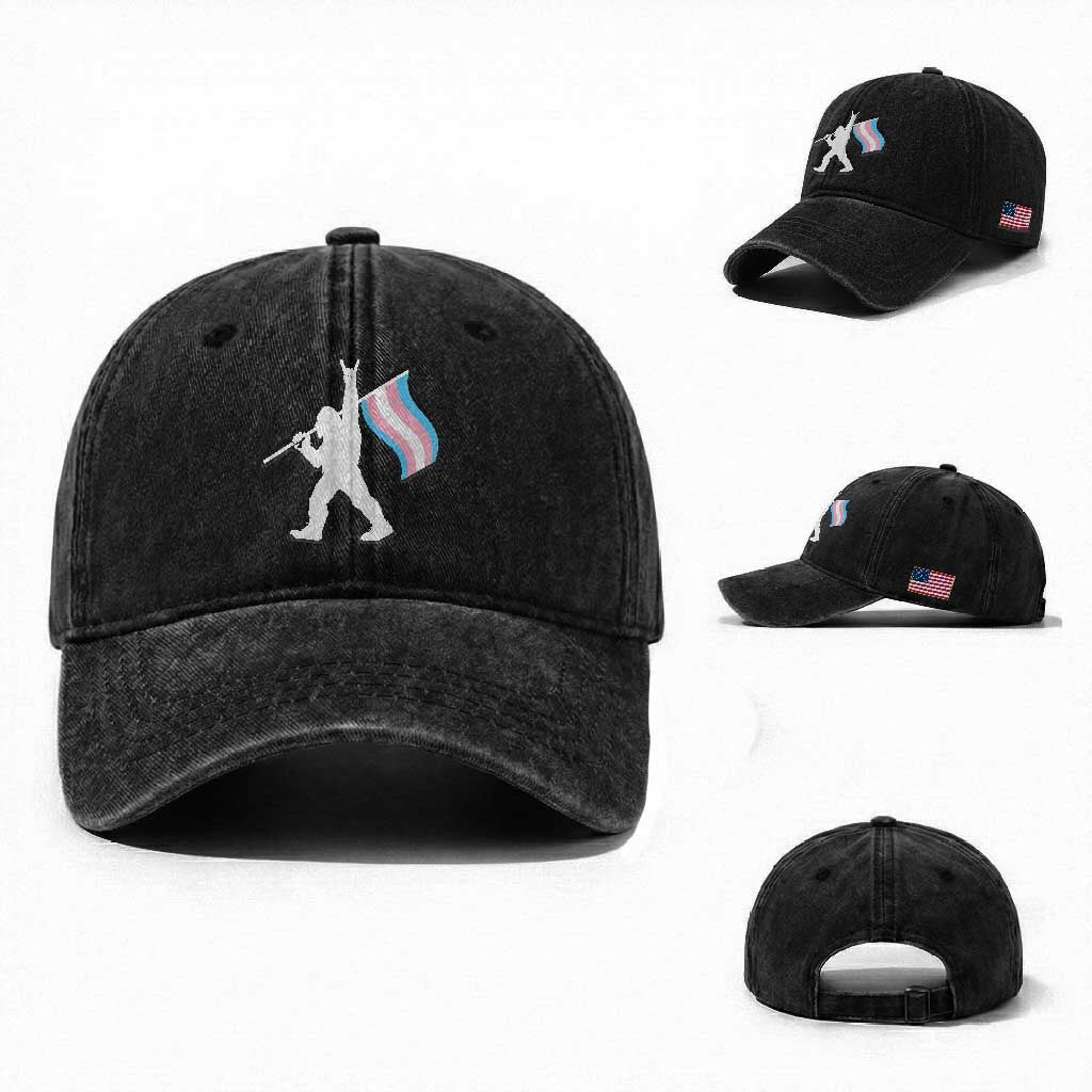 Bigfoot Rock On Trans Pride Flag Washed Cotton Baseball Cap Sasquatch LGBTQ Ally TS12 Washed Cap Universal Fit Black Print Your Wear