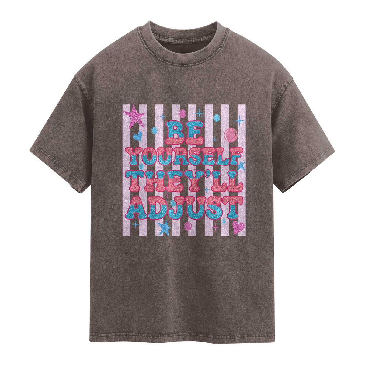 Striped Glitter Effect Printed Trans Rights Washed Cotton T-Shirt Be Yourself They Will Adjust