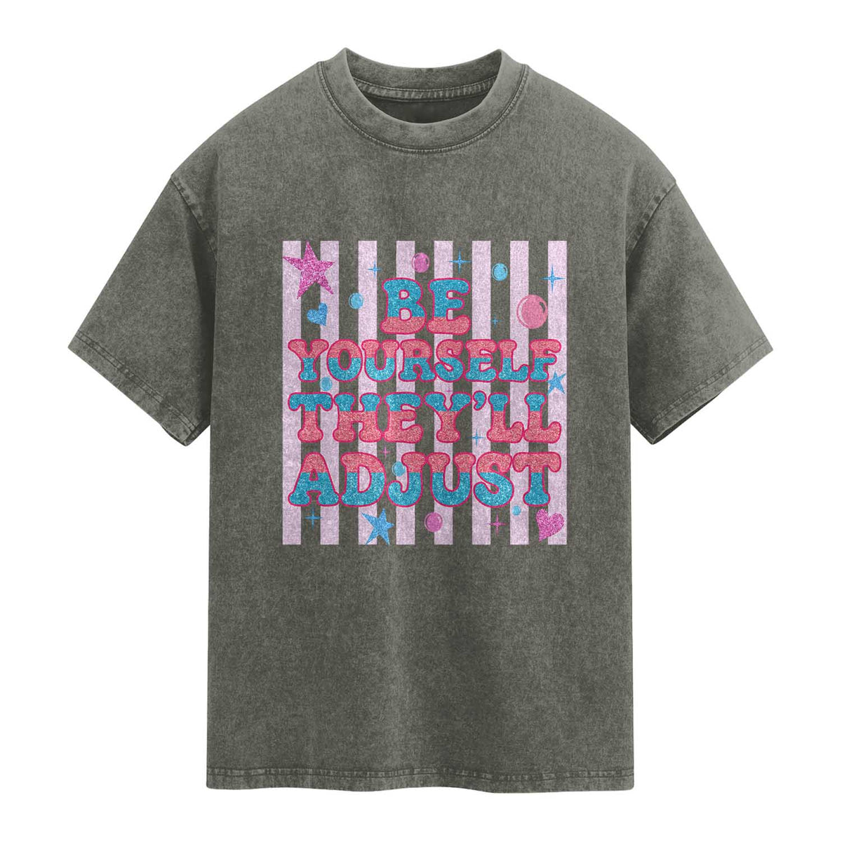 Striped Glitter Effect Printed Trans Rights Washed Cotton T-Shirt Be Yourself They Will Adjust