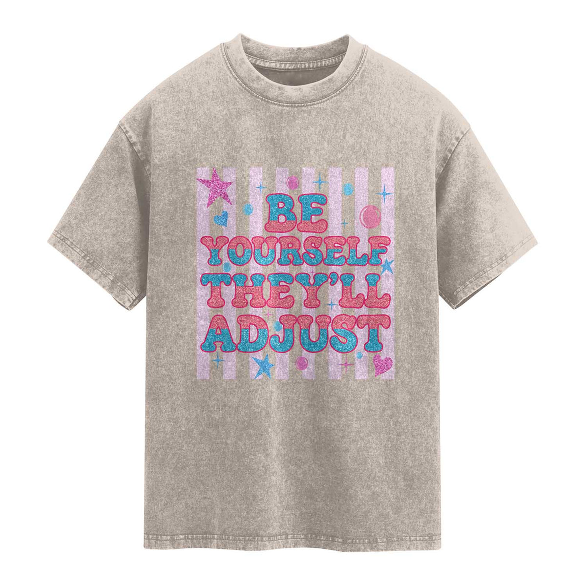 Striped Glitter Effect Printed Trans Rights Washed Cotton T-Shirt Be Yourself They Will Adjust