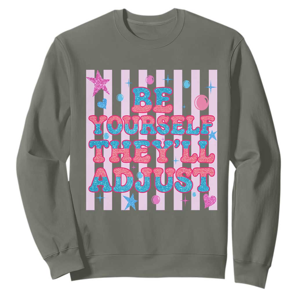 Striped Glitter Effect Printed Trans Rights Sweatshirt Be Yourself They Will Adjust TS12 Military Green Print Your Wear