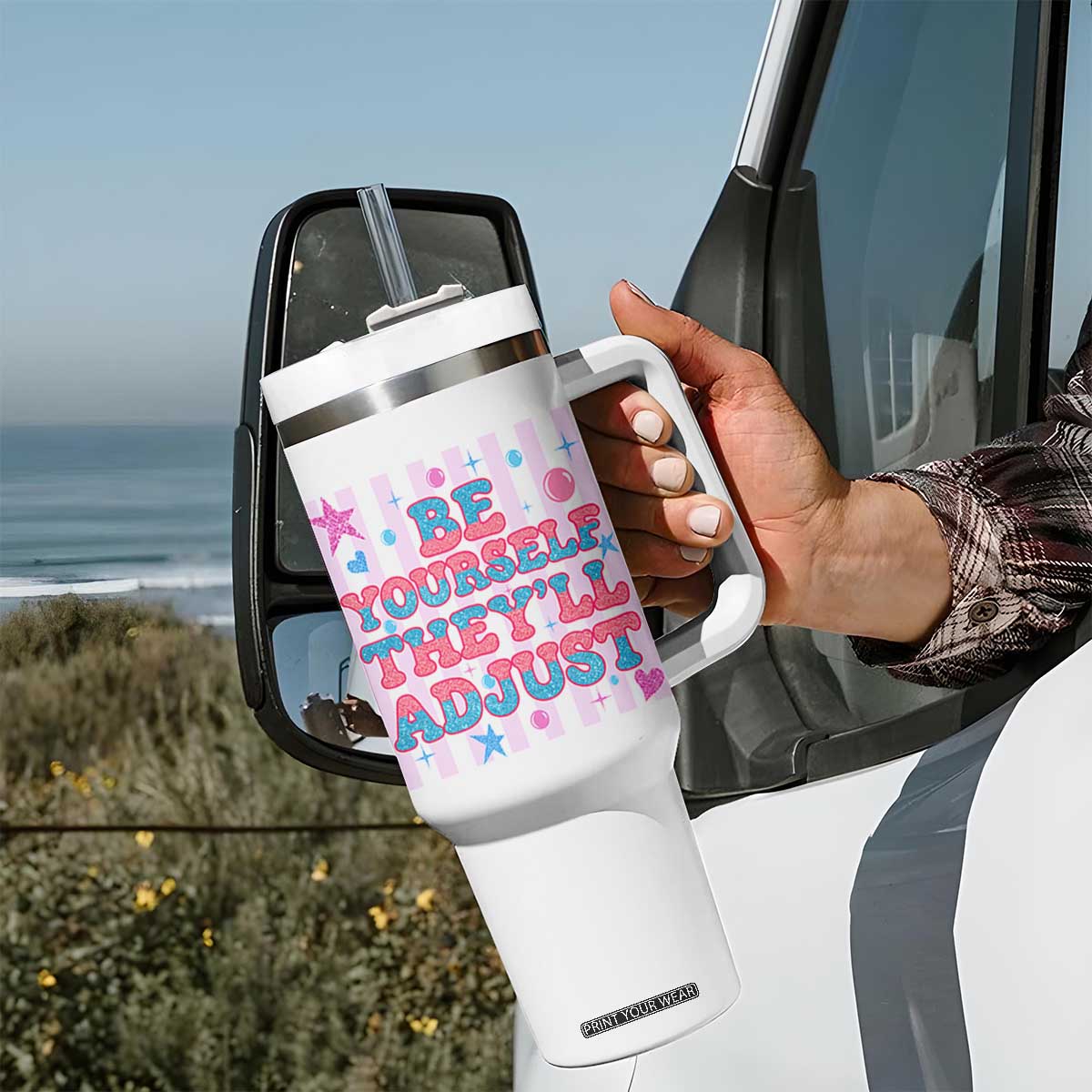 Striped Glitter Effect Printed Trans Rights Tumbler With Handle Be Yourself They Will Adjust TS12 Print Your Wear