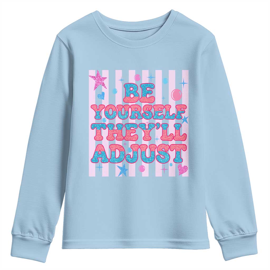 Striped Glitter Effect Printed Trans Rights Youth Sweatshirt Be Yourself They Will Adjust TS12 Light Blue Print Your Wear
