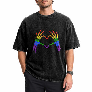 Rainbow Skeleton Heart Hands Washed Cotton T-Shirt LGBTQ Pride Support Graphic