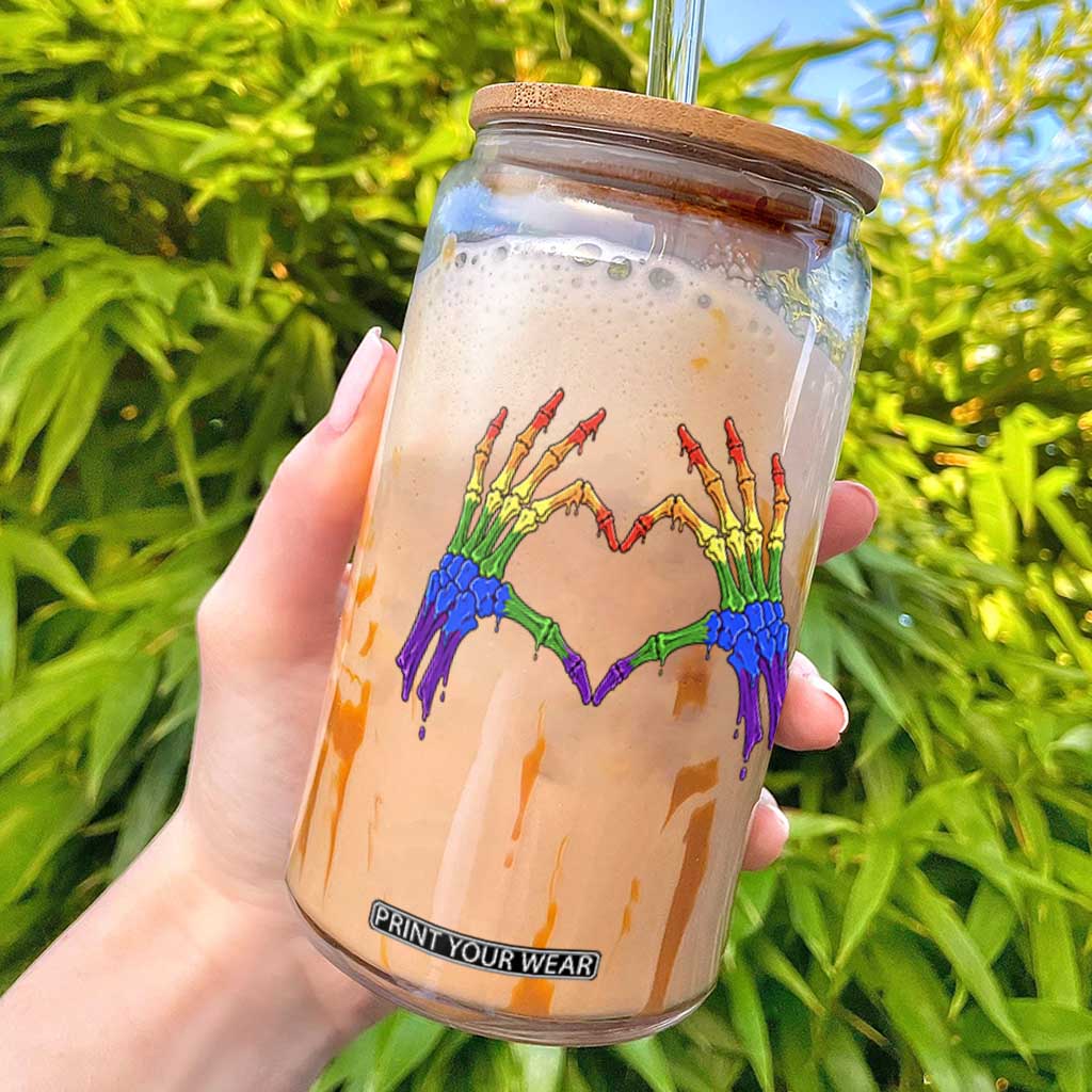 Rainbow Skeleton Heart Hands Glass Can LGBTQ Pride Support Graphic TS12 Black Print Your Wear