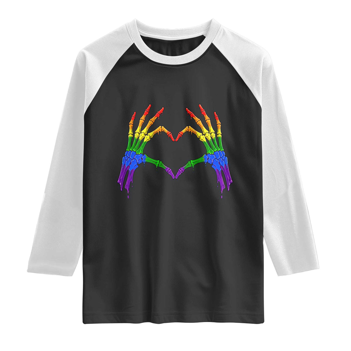 Rainbow Skeleton Heart Hands Raglan Shirt LGBTQ Pride Support Graphic TS12 Black White Print Your Wear
