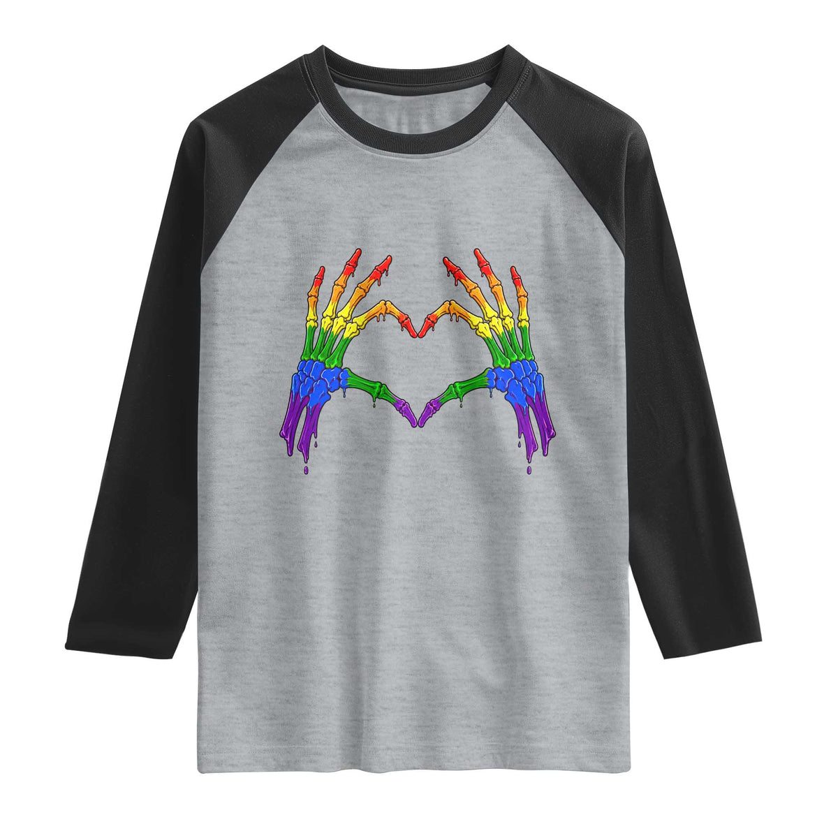 Rainbow Skeleton Heart Hands Raglan Shirt LGBTQ Pride Support Graphic TS12 Heather Gray Black Print Your Wear