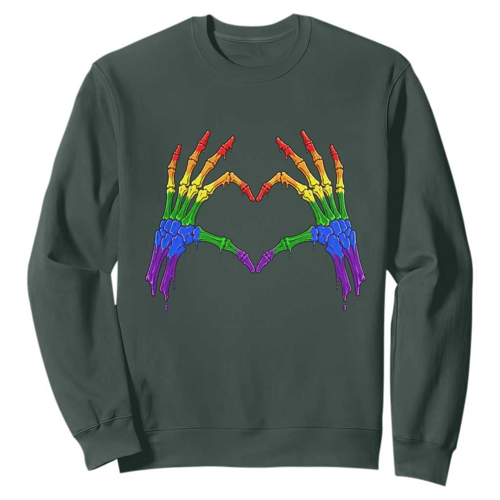 Rainbow Skeleton Heart Hands Sweatshirt LGBTQ Pride Support Graphic TS12 Dark Forest Green Print Your Wear