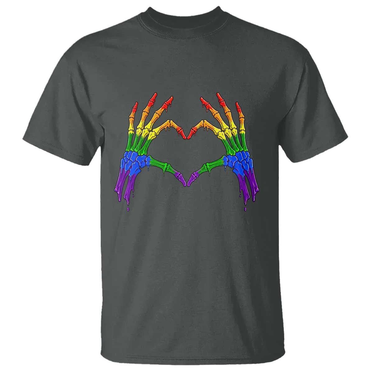 Rainbow Skeleton Heart Hands T Shirt LGBTQ Pride Support Graphic TS12 Dark Heather Print Your Wear