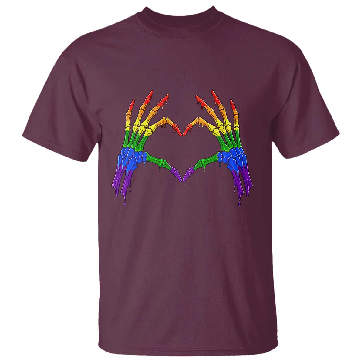 Rainbow Skeleton Heart Hands T Shirt LGBTQ Pride Support Graphic TS12 Maroon Print Your Wear