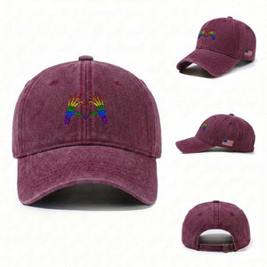 Rainbow Skeleton Heart Hands Washed Cotton Baseball Cap LGBTQ Pride Support Graphic TS12 Washed Cap Universal Fit Burgundy Print Your Wear
