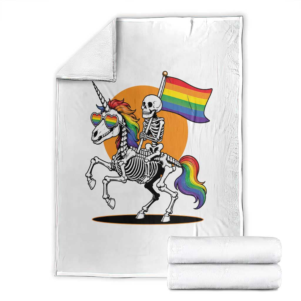 Funny Skeleton Riding Unicorn LGBTQ Pride Throw Blanket Rainbow Fantasy Graphic TS12 White Print Your Wear