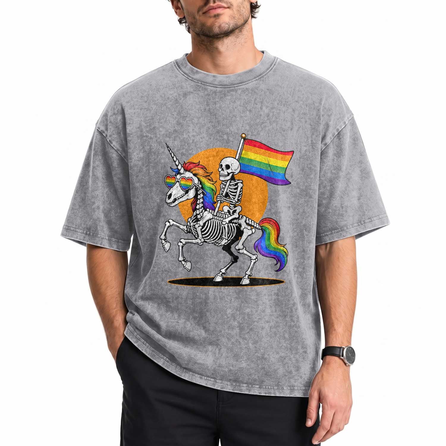 Funny Skeleton Riding Unicorn LGBTQ Pride Washed Cotton T-Shirt Rainbow Fantasy Graphic
