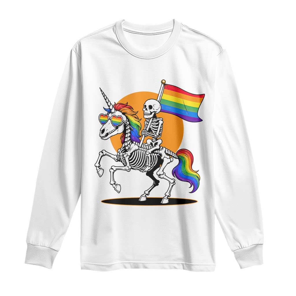 Funny Skeleton Riding Unicorn LGBTQ Pride Long Sleeve Shirt Rainbow Fantasy Graphic TS12 White Print Your Wear