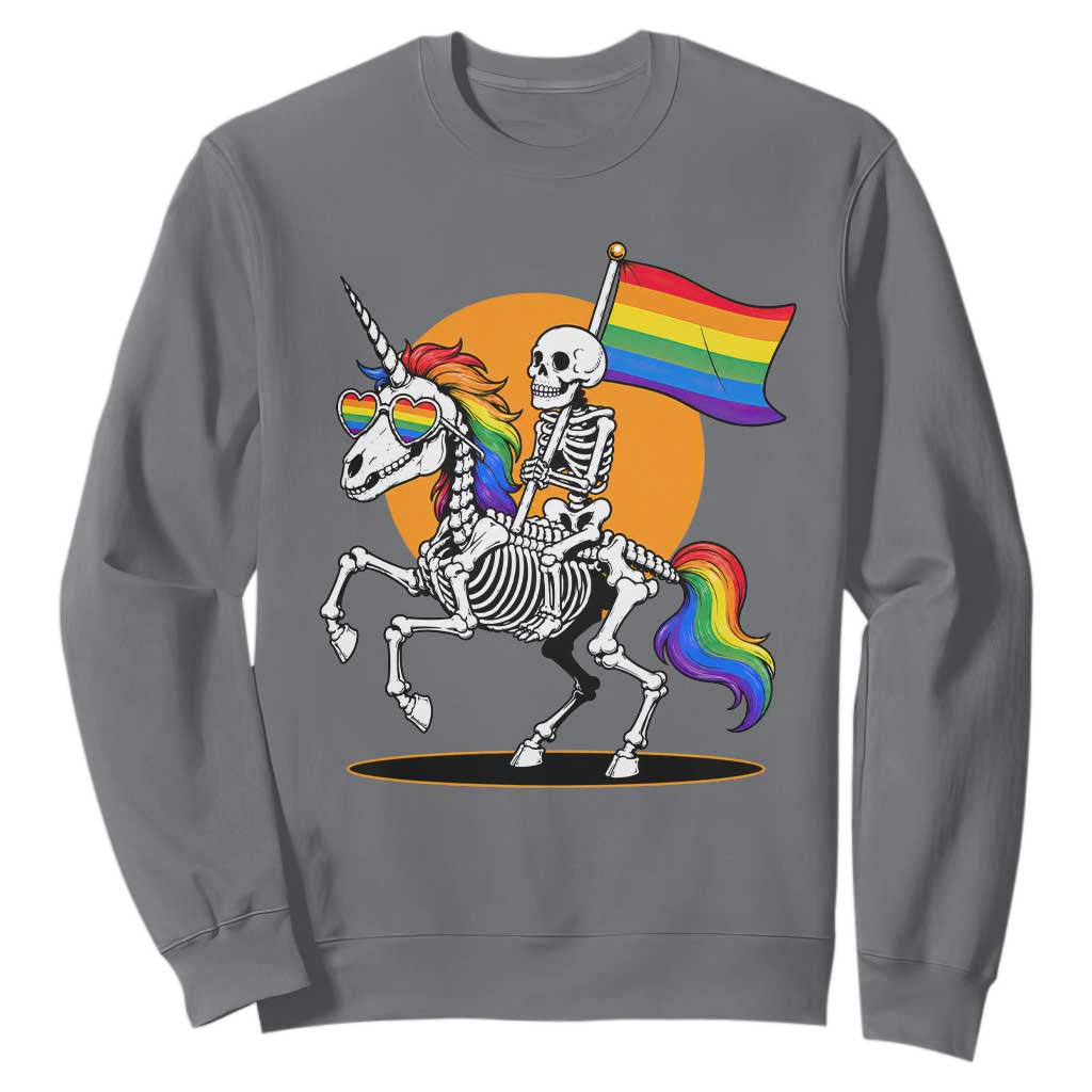 Funny Skeleton Riding Unicorn LGBTQ Pride Sweatshirt Rainbow Fantasy Graphic TS12 Charcoal Print Your Wear
