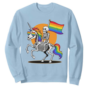 Funny Skeleton Riding Unicorn LGBTQ Pride Sweatshirt Rainbow Fantasy Graphic TS12 Light Blue Print Your Wear