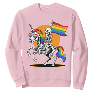 Funny Skeleton Riding Unicorn LGBTQ Pride Sweatshirt Rainbow Fantasy Graphic TS12 Light Pink Print Your Wear