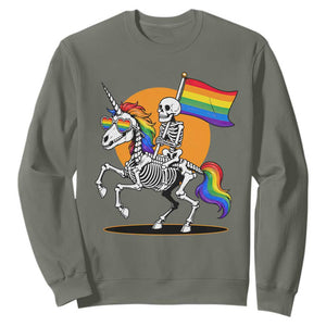 Funny Skeleton Riding Unicorn LGBTQ Pride Sweatshirt Rainbow Fantasy Graphic TS12 Military Green Print Your Wear