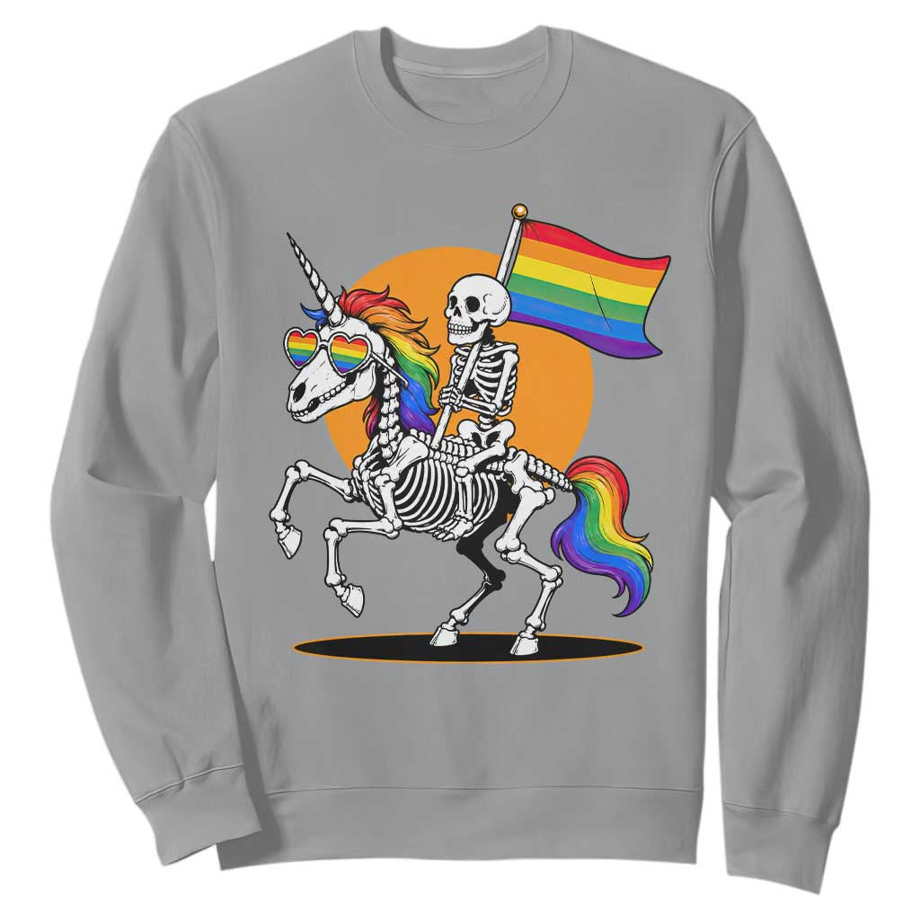 Funny Skeleton Riding Unicorn LGBTQ Pride Sweatshirt Rainbow Fantasy Graphic TS12 Sport Gray Print Your Wear