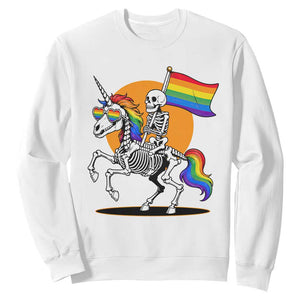 Funny Skeleton Riding Unicorn LGBTQ Pride Sweatshirt Rainbow Fantasy Graphic TS12 White Print Your Wear