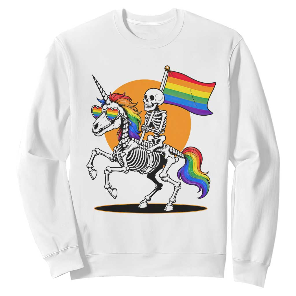 Funny Skeleton Riding Unicorn LGBTQ Pride Sweatshirt Rainbow Fantasy Graphic TS12 White Print Your Wear