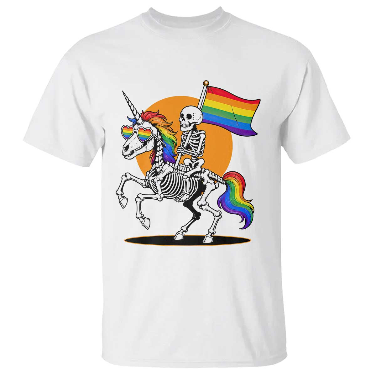 Funny Skeleton Riding Unicorn LGBTQ Pride T Shirt Rainbow Fantasy Graphic TS12 White Print Your Wear
